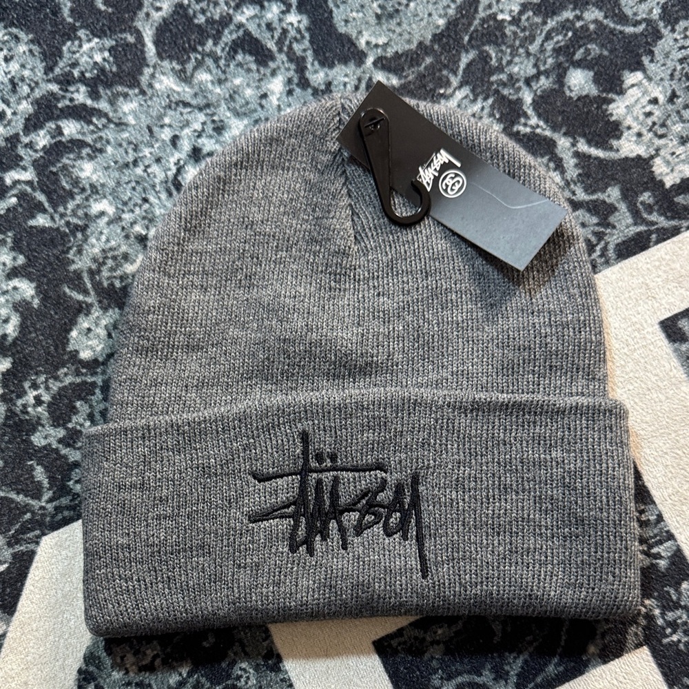 Stussy Gray Cuffed Beanie with Black Embroidered Logo